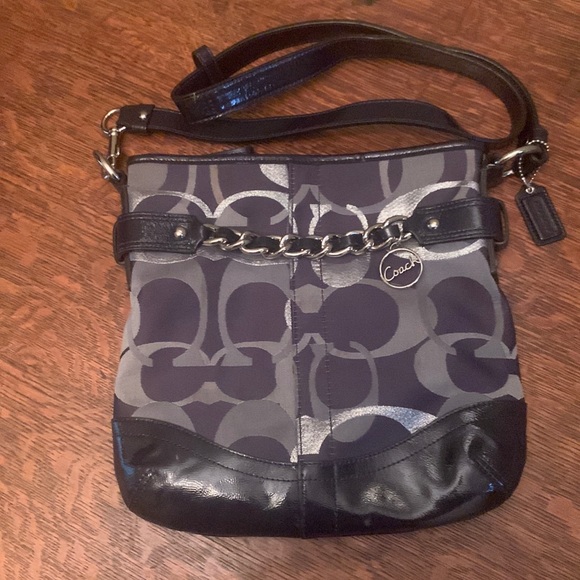 Coach Handbags - Coach Moto Op Art Metallic and Navy Signature Jacquard Crossbody F19820